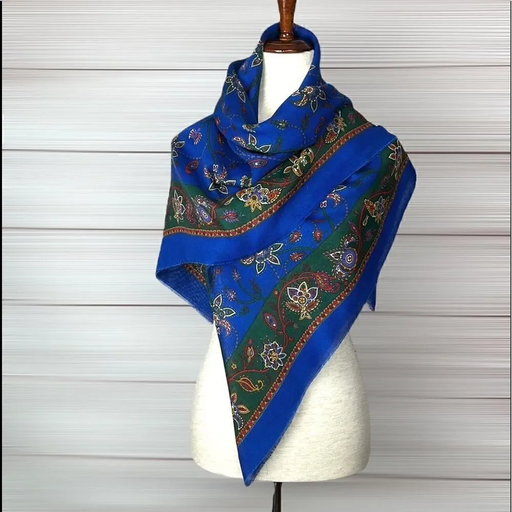 NWOT Creation Francaise Vintage Big Square Royal Blue Floral Scarf Shawl Wrap
